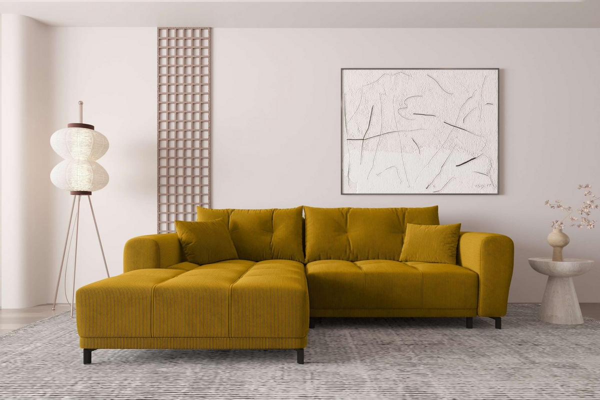 ECKSOFA Massimo Cordstoff Goldfarben inkl. Schlaffunktion Links - Goldfarben/Schwarz, Textil/Metall (246/177cm) - 99rooms