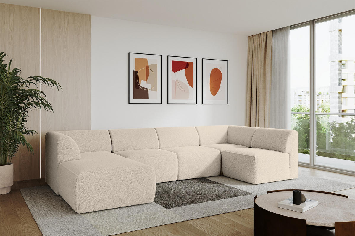 WOHNLANDSCHAFT Ottomane Links MOVA 345x180x78 Dunkelbeige Bouclé - Schwarz/Cappuccino, Holzwerkstoff/Kunststoff (180/78/345cm) - ALTDECOR