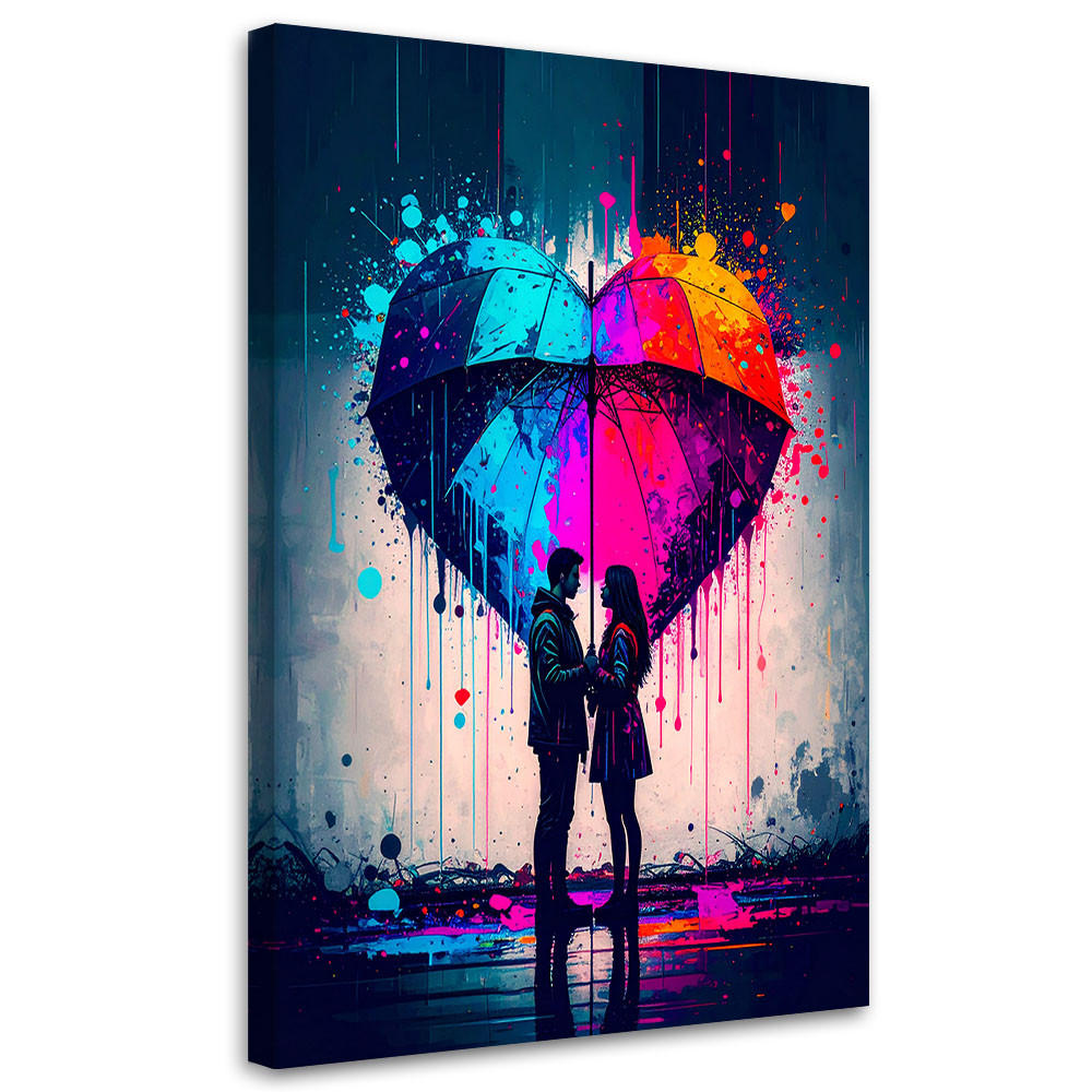 LEINWANDBILD Paar Liebe Herz Regenschirm 60x90cm - Multicolor, Textil (60/90cm) - Feeby