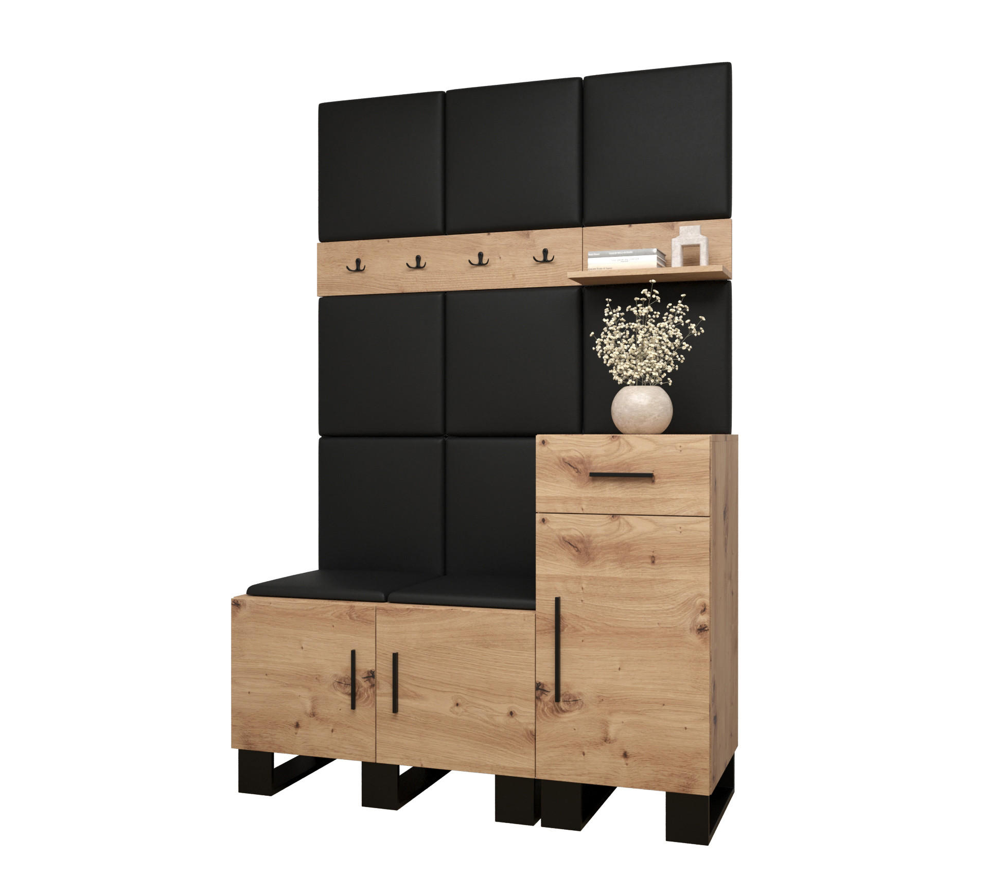 Abiks Möbel Garderoben-Set Eiche Artisan, Schwarz 126x196x45.6 cm