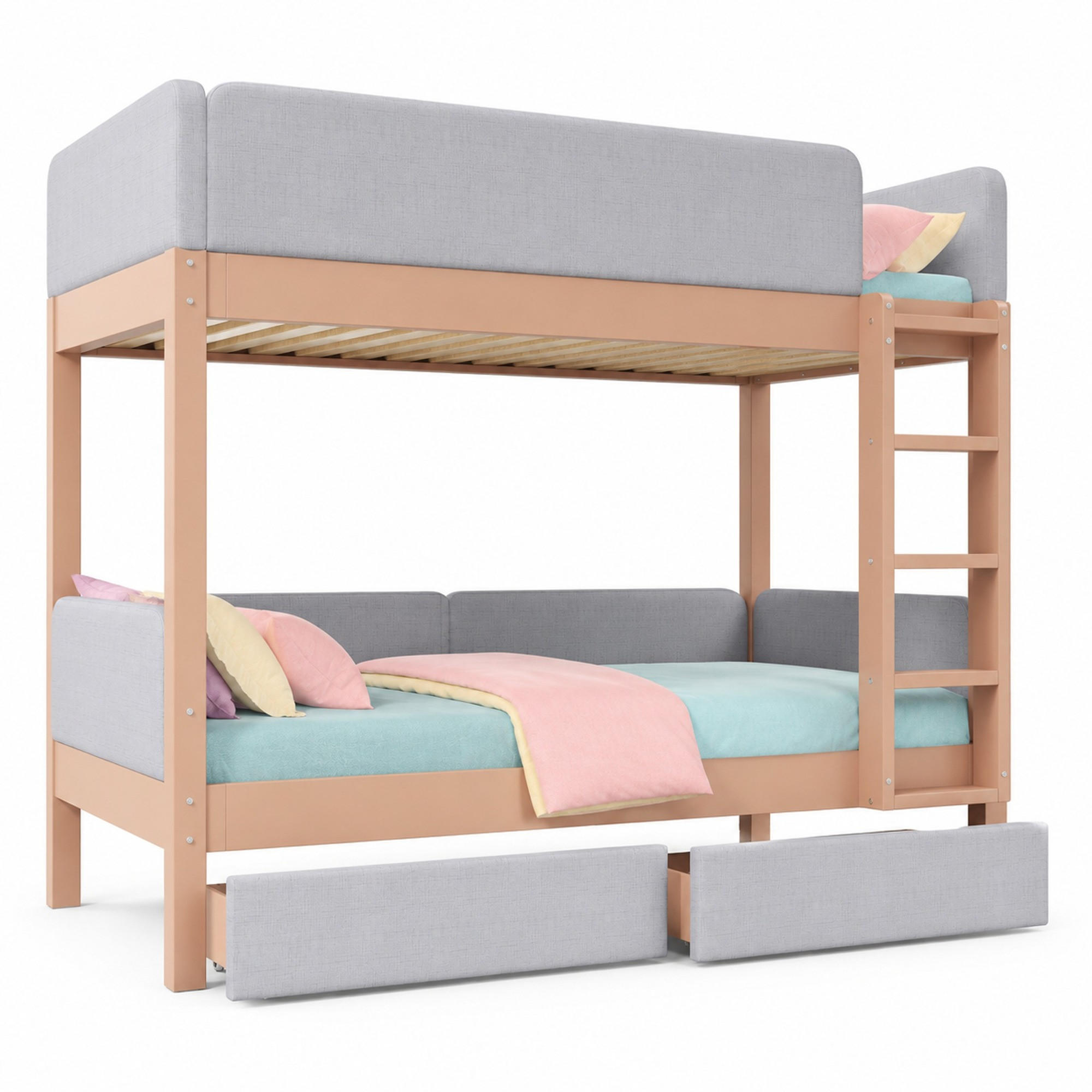ETAGENBETT 90/200 mit 2 Schubladen, Schaumstoffkante und Leiter in Grau und Natur - Grau, Holzwerkstoff (90/200cm) - EVRYAE