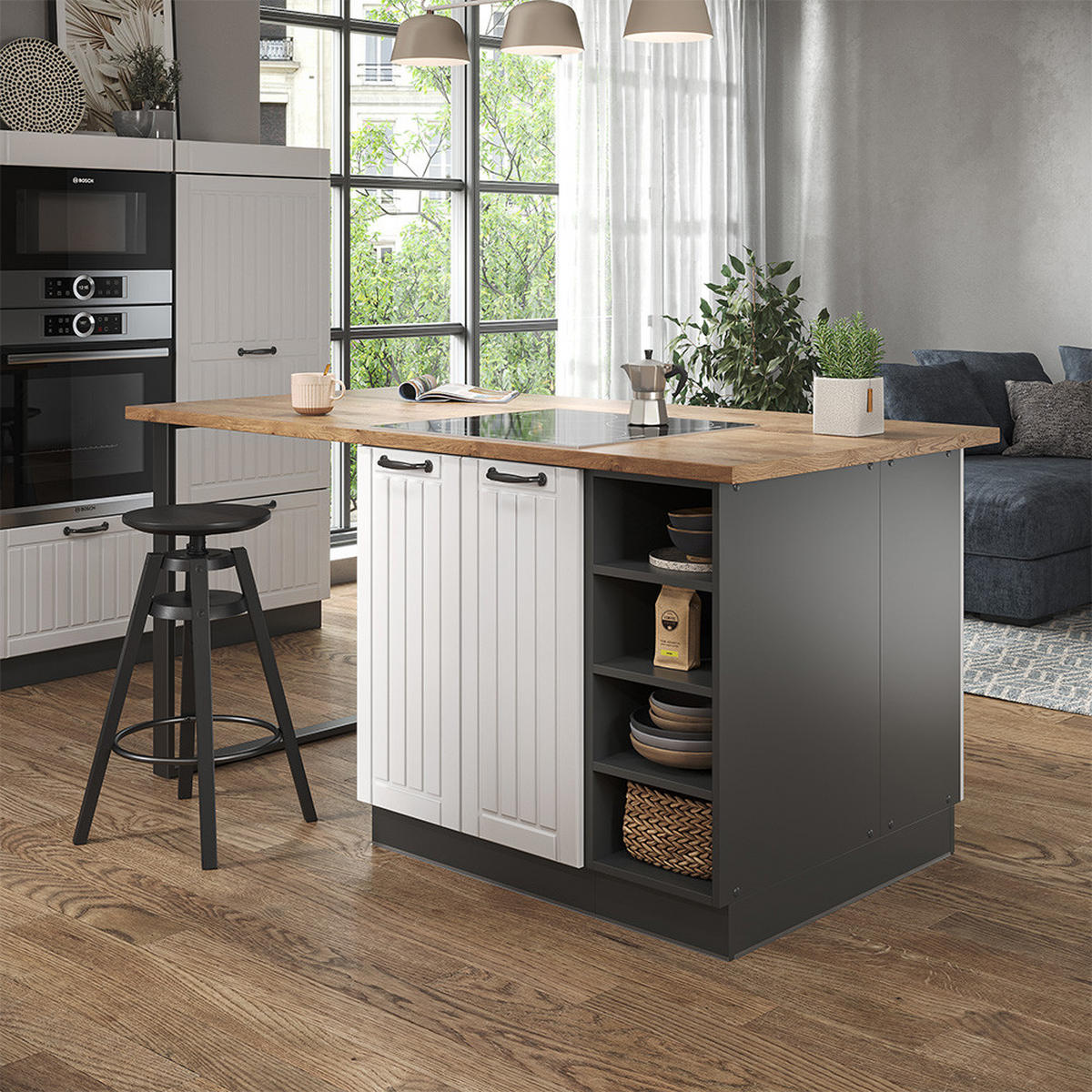 KÜCHENINSEL Fame-Line Weiß Landhaus/Anthrazit 90 cm ohne AP - Anthrazit/Creme, Holzwerkstoff (90/82/82cm) - Vicco