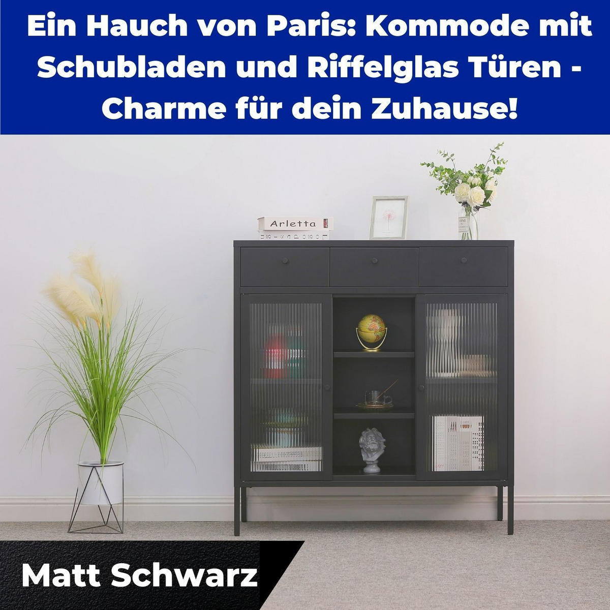 KOMMODE PARIS Metall Schwarz mit 3 Schubladen 105/35/110 cm - Schwarz, Metall (35/110/105cm) - Mein-Regal