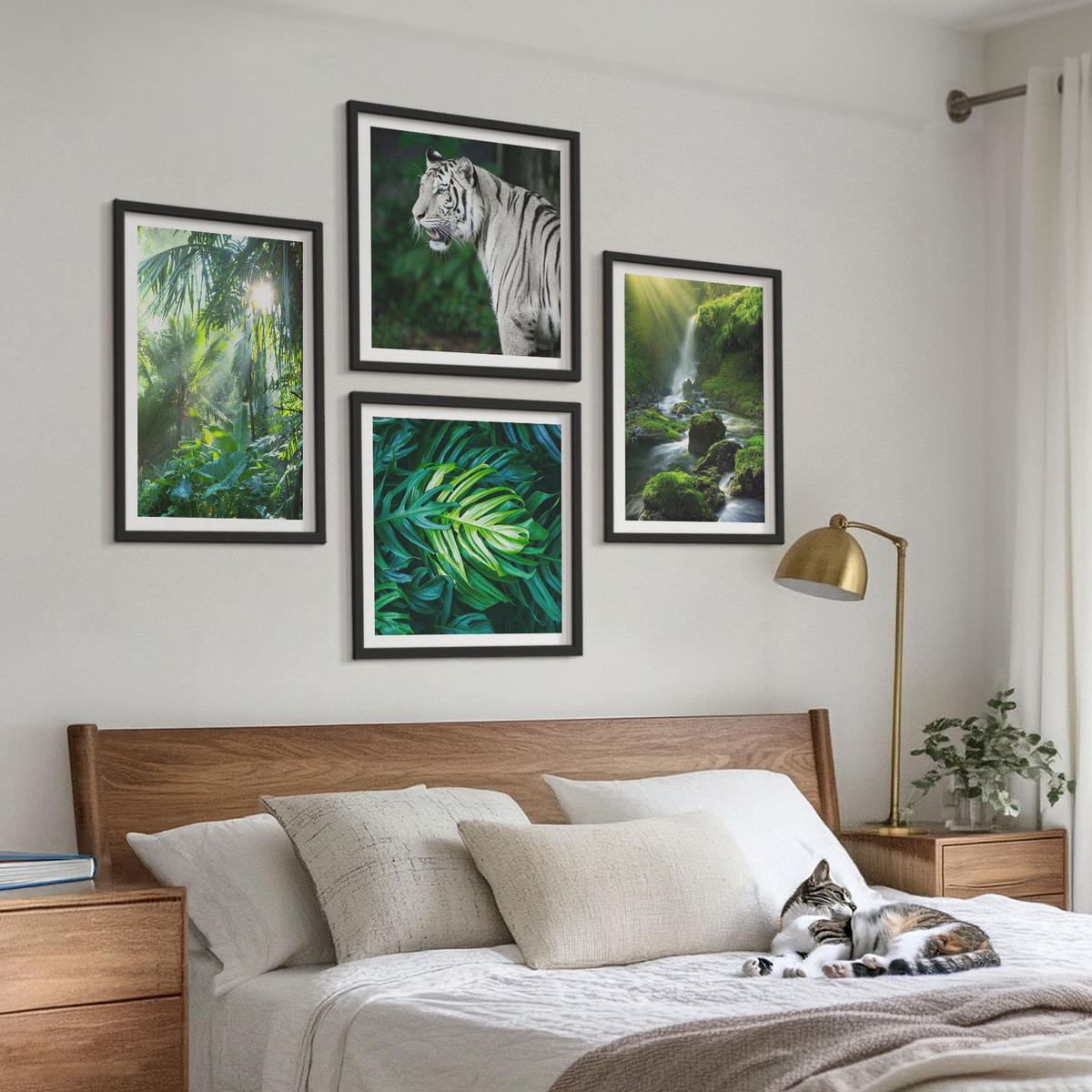 BILDER SET 4er Set - 50x50 cm & 40x60 cm Schwarzer Rahmen - Dschungel-Weißtiger-Wasserfall - Schwarz, Kunststoff (50/50cm) - TULUP