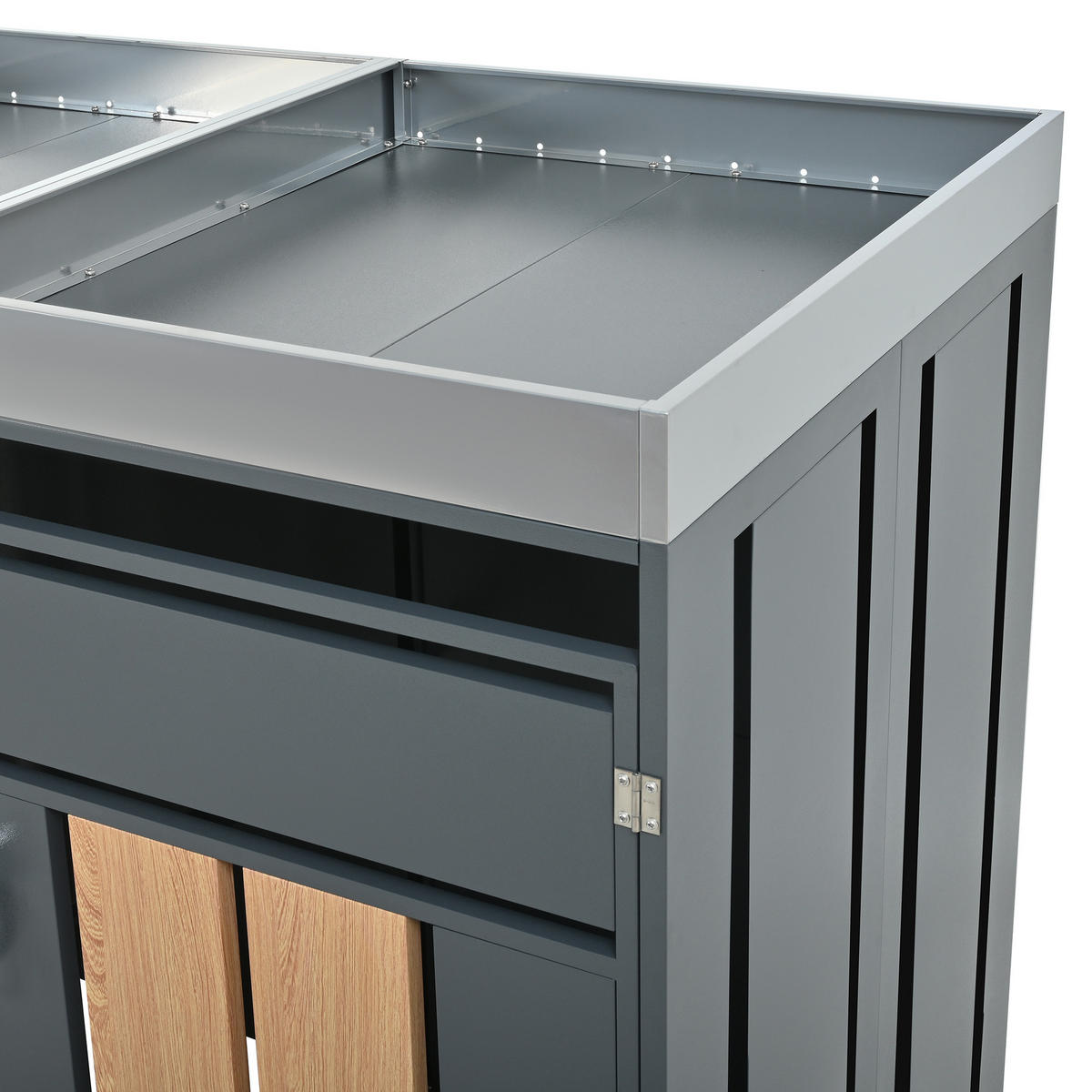 MÜLLTONNENBOX aus Stahl in Grau/Holzoptik mit Pflanzkasten & abschließbaren Türen 132x80x124,5 cm - Grau, Metall (132/124.5/80cm) - Modfu