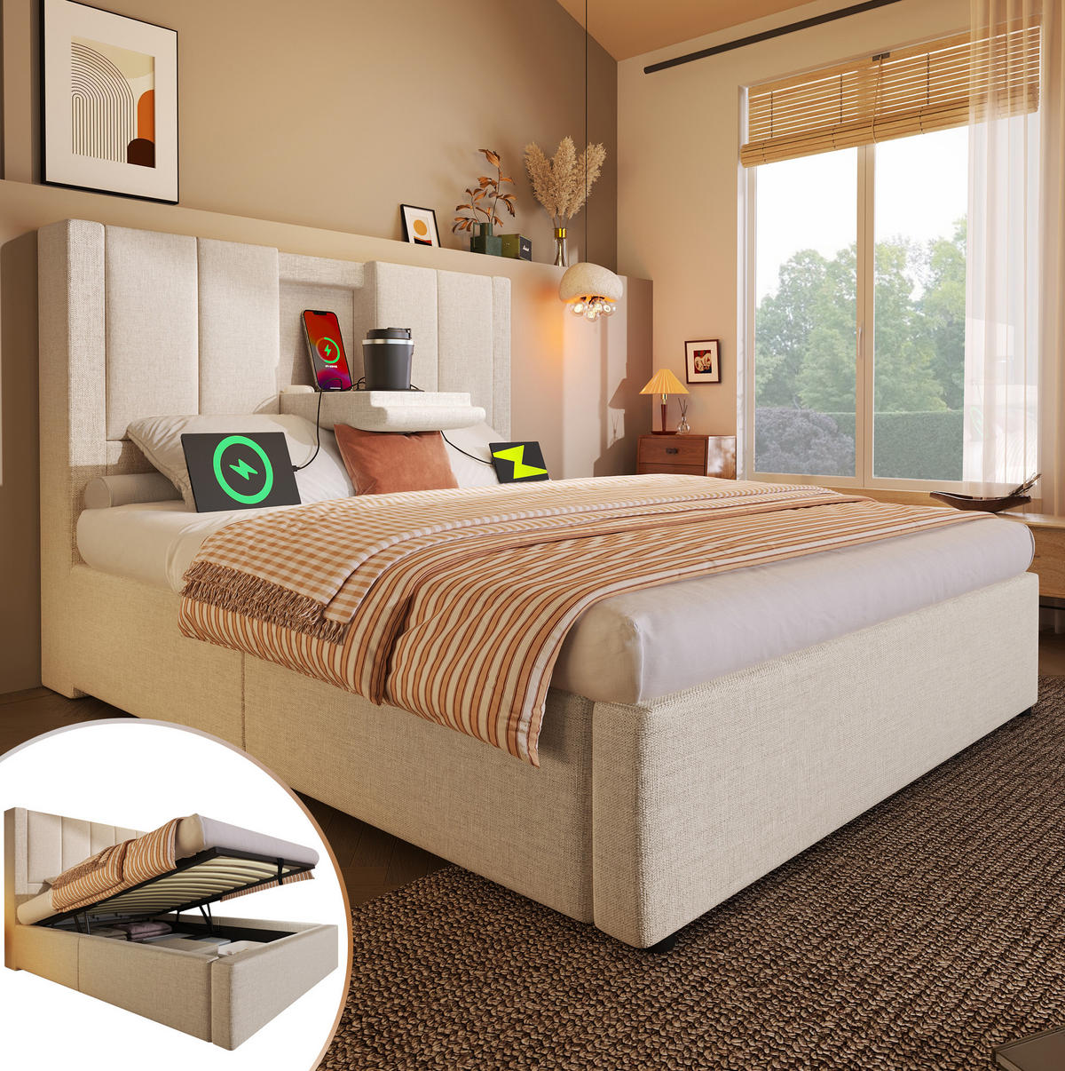 POLSTERBETT mit Stauraum 90x200 cm Leinen Beige inkl. Matratze - Beige, Metall (90/200cm) - Meubliv