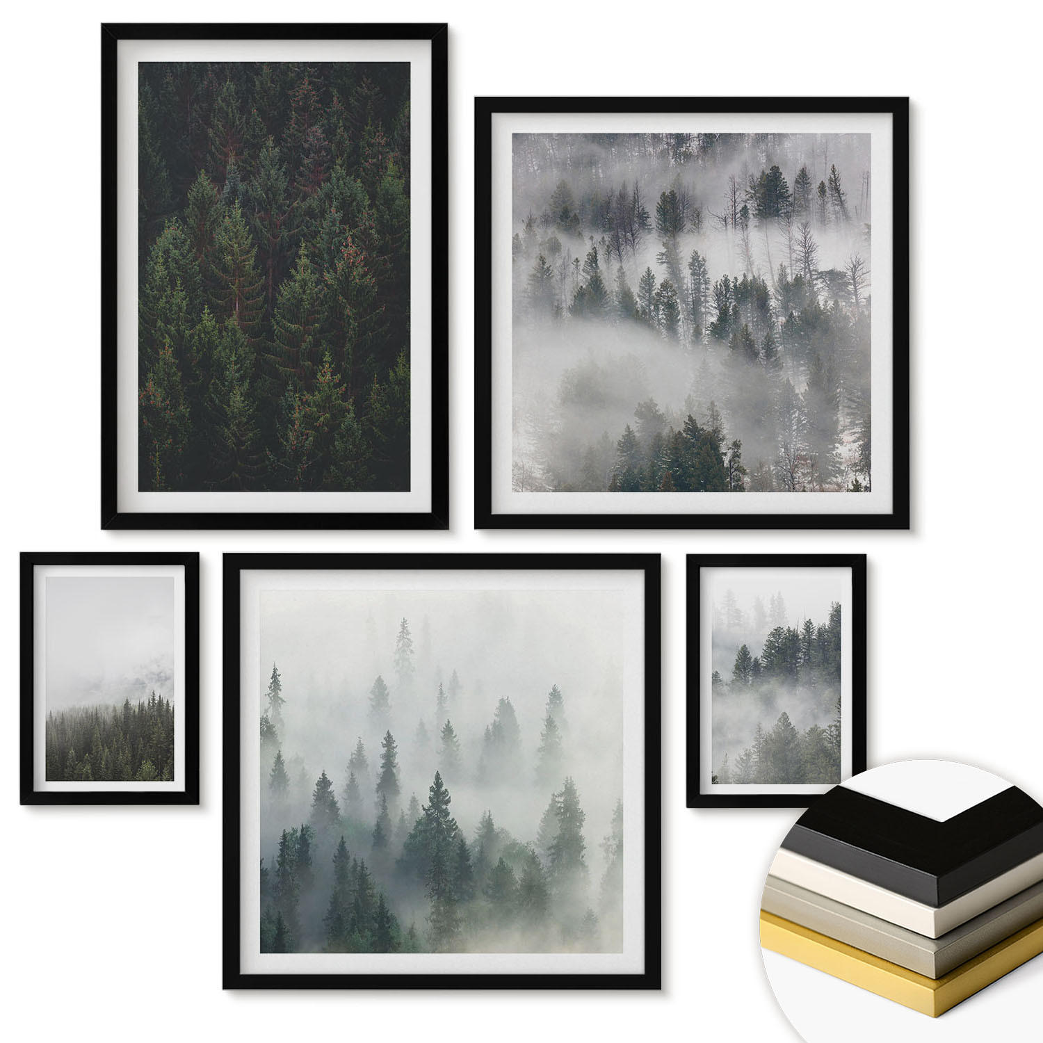 WANDBILDER 5er-Set - 50x50 cm & 20x30 cm & 40x60 cm Schwarzer Rahmen - Grüne Wälder, neblige Landschaft - Schwarz, Kunststoff (40/60cm) - ArtPrintCave
