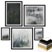 WANDBILDER 5er-Set - 50x50 cm & 20x30 cm & 40x60 cm Schwarzer Rahmen - Grüne Wälder, neblige Landschaft - Schwarz, Kunststoff (40/60cm) - ArtPrintCave