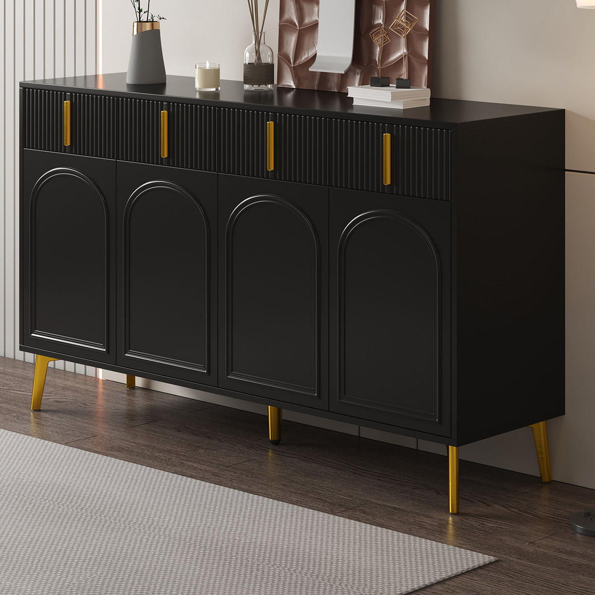 SIDEBOARD mit 4 Türen und 4 Schubladen, (MDF/Melamin), goldfarbenen Griffen und Beinen, 140/38/82 cm, Schwarz - Schwarz, Holzwerkstoff (140/82/38cm) - Redom