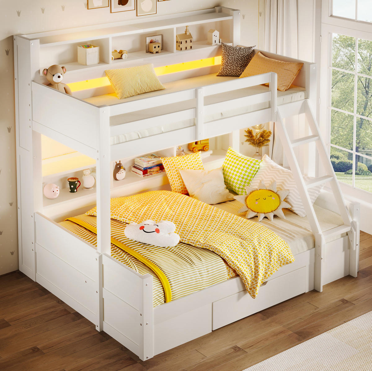 ETAGENBETT aus Kiefernholz 90x200/140x200 cm Weiß mit LED-Beleuchtung, Stauraum und Schublade - Weiß, Holzwerkstoff (90/200cm) - IVMEU