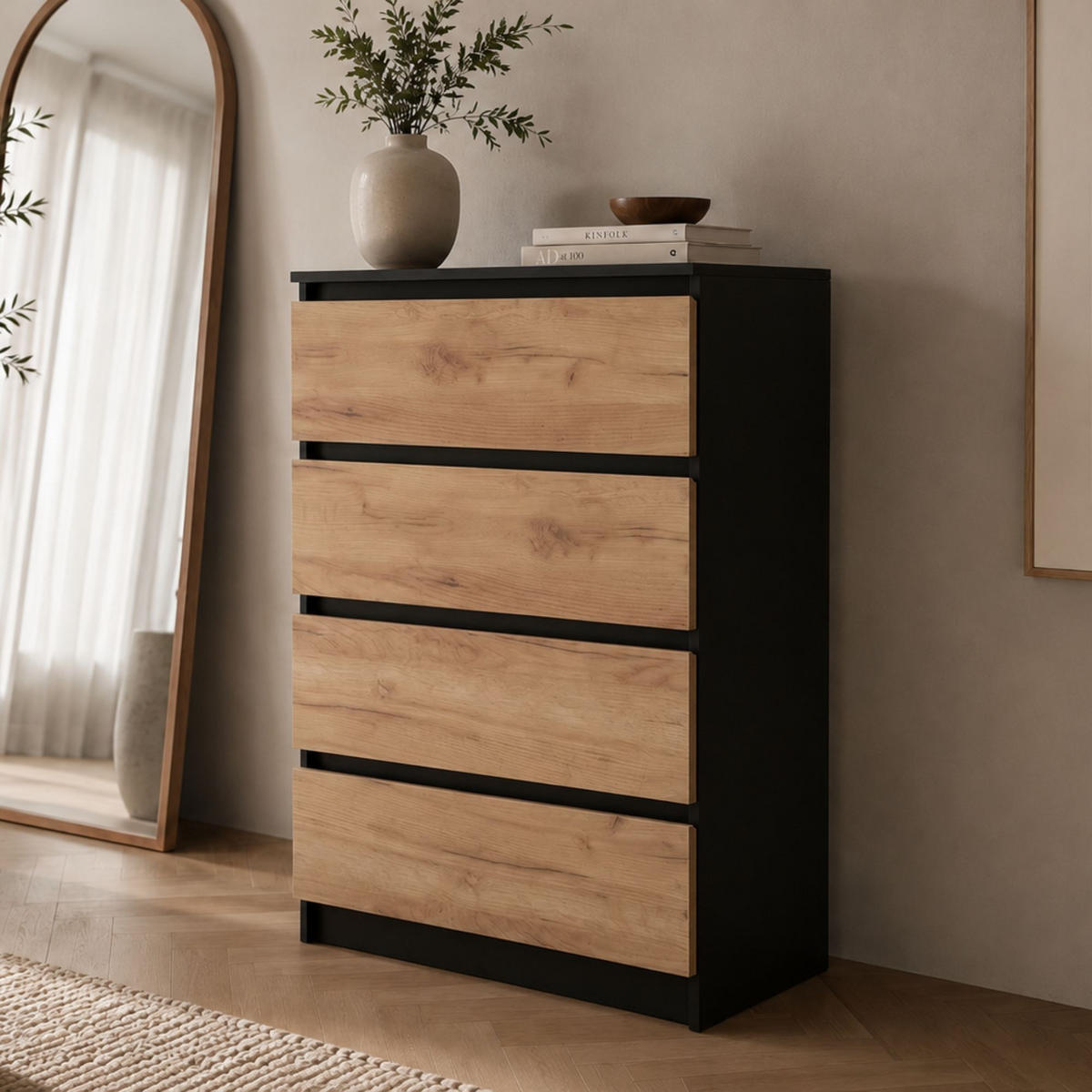 KOMMODE mit vier Schubladen in Schwarze Craft-Eiche - Schwarz/Naturfarben, Holzwerkstoff (70/100/40cm) - Home Collective