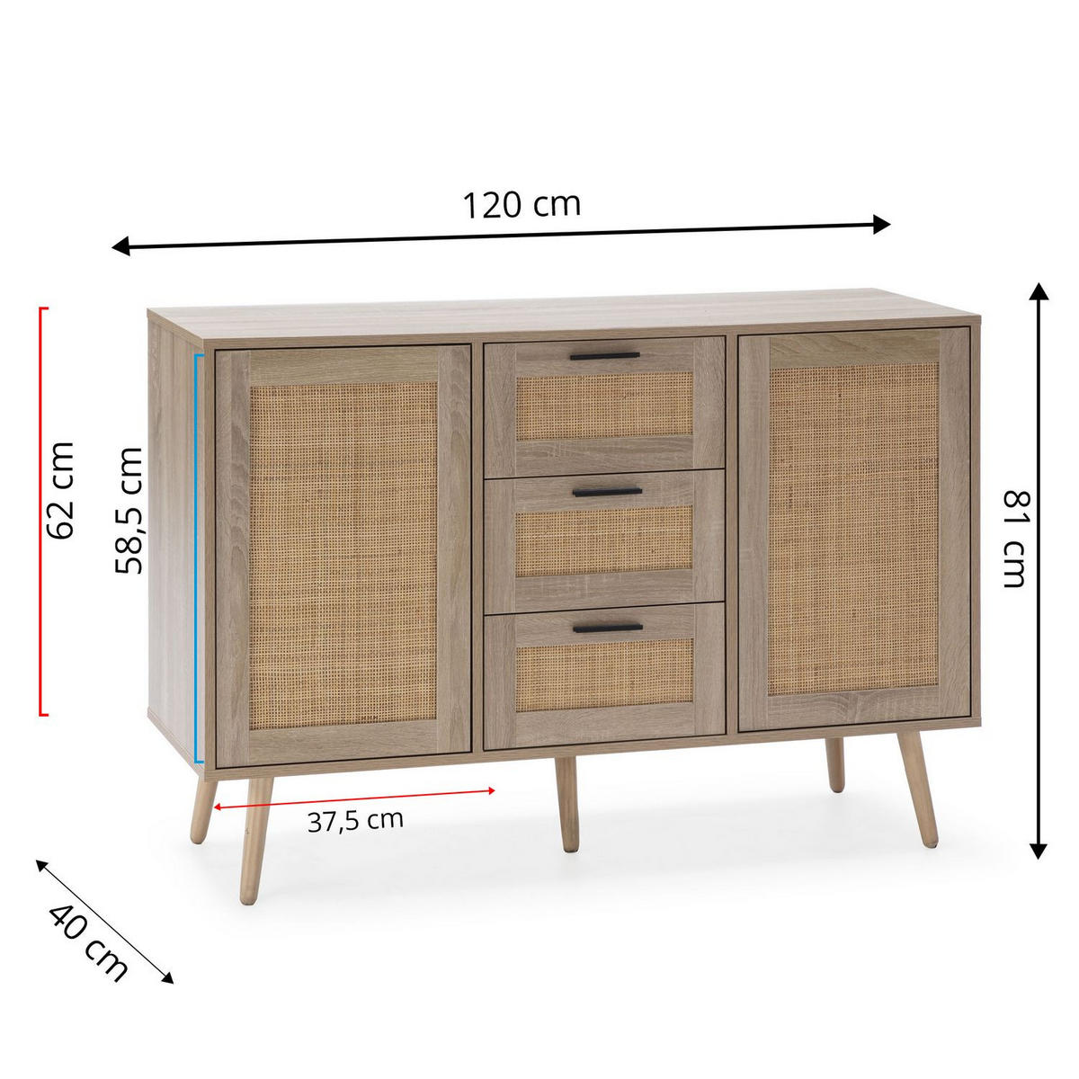 SIDEBOARD Dalia 3 Schubladen 2 Eichentüren - Honigeiche, Holzwerkstoff (120/81/40cm)
