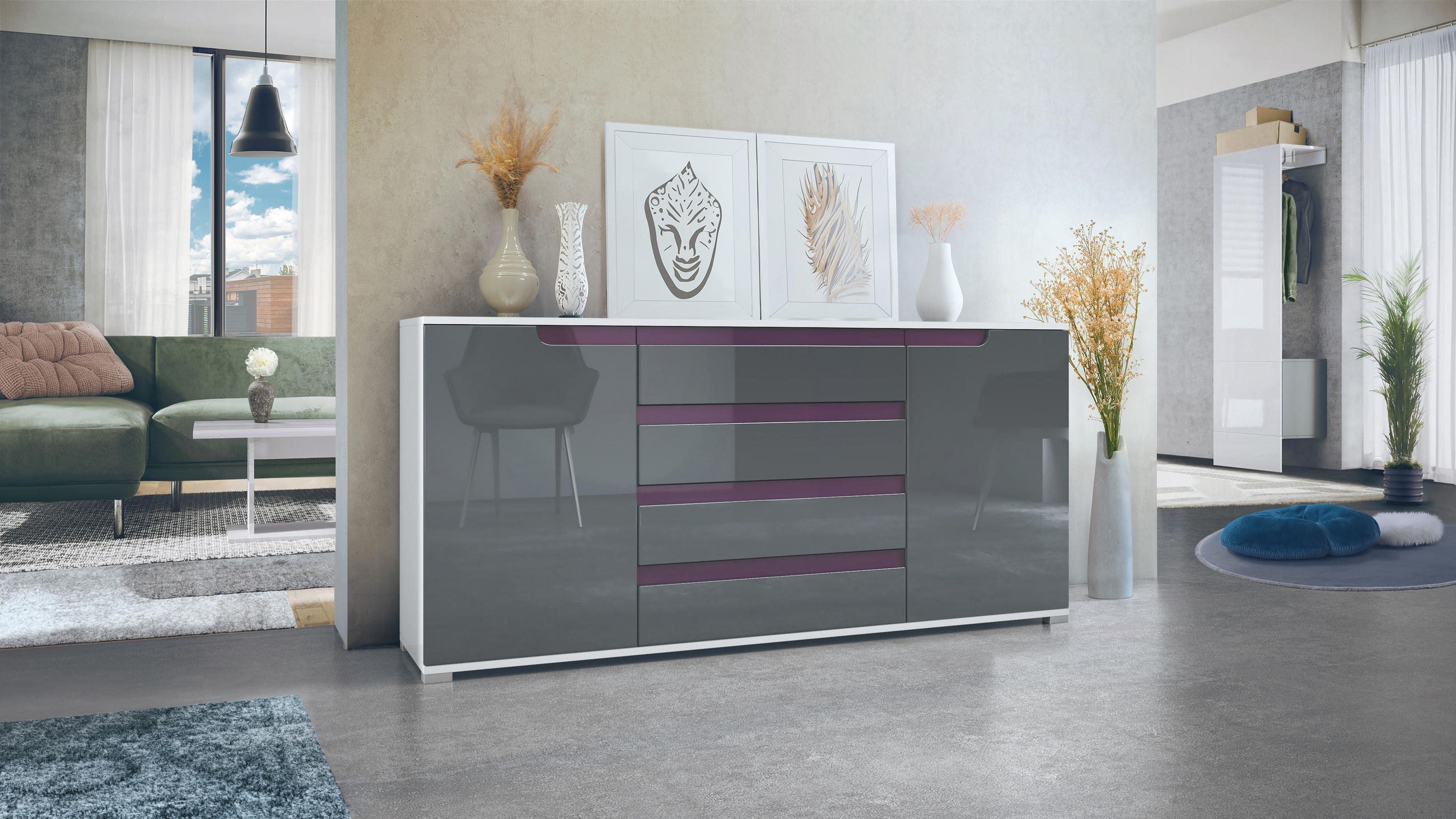 SIDEBOARD Sylt Grau Hochglanz / Brombeer Hochglanz - Grau, Holzwerkstoff (166.5/75.5/35cm) - Vladon