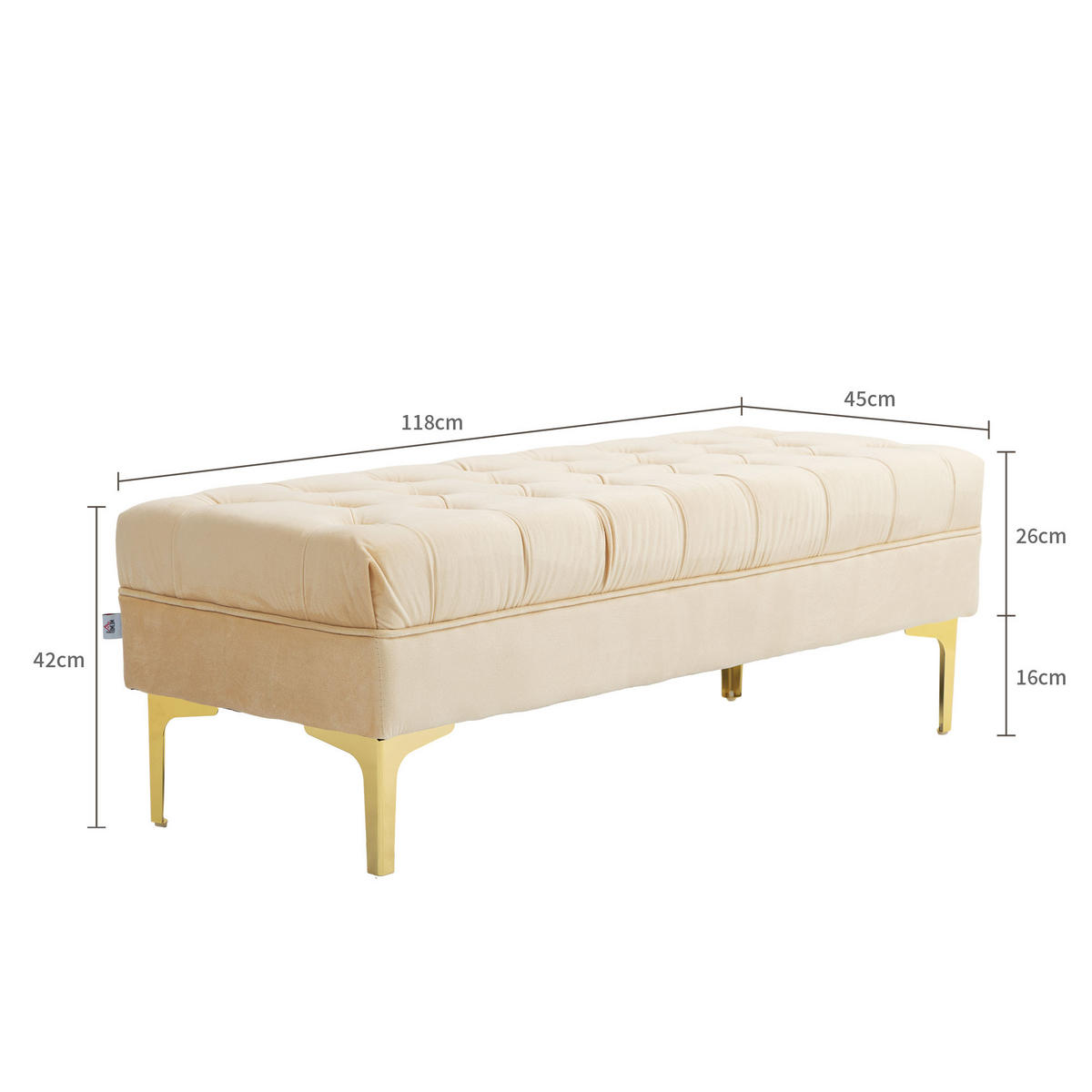 HOCKERBANK DE-12847 Knopfheftung und Goldbeine Beige - Beige, Textil (45/42/118cm) - ComfortXL