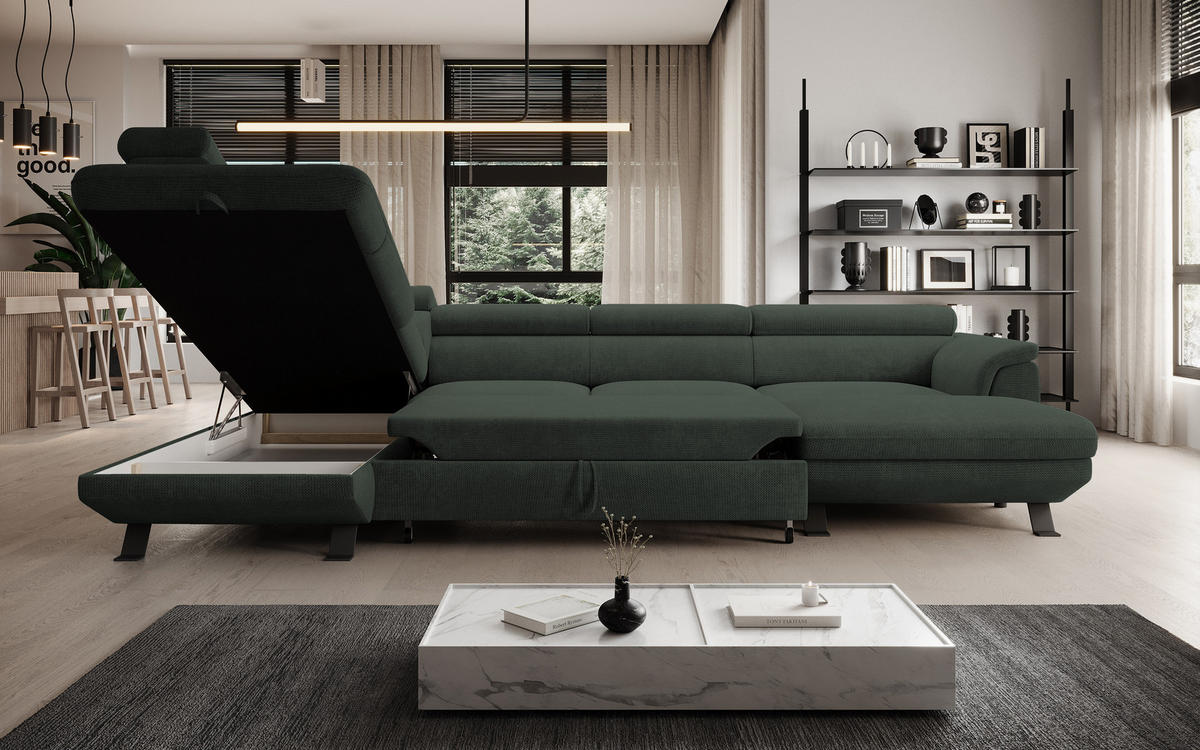 ECKSCHLAFSOFA Raven XL, Verstellbaren Kopfstützen, Bettkasten, Großes Sofa 334x198x162cm Linke, Wald - Waldgrün, Holz/Textil (198/334cm) - DomoHome