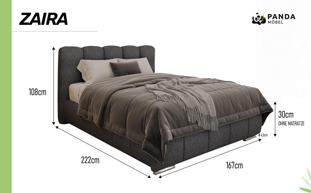 POLSTERBETT ZAIRA 140 x 200 cm mit Bettkasten und Lattenrost, 7-Zonen-Taschenfederkernmatratratze CIRA (24 cm) – Schwarz - Graphitfarben, Holz (120/206cm) - Panda Möbel