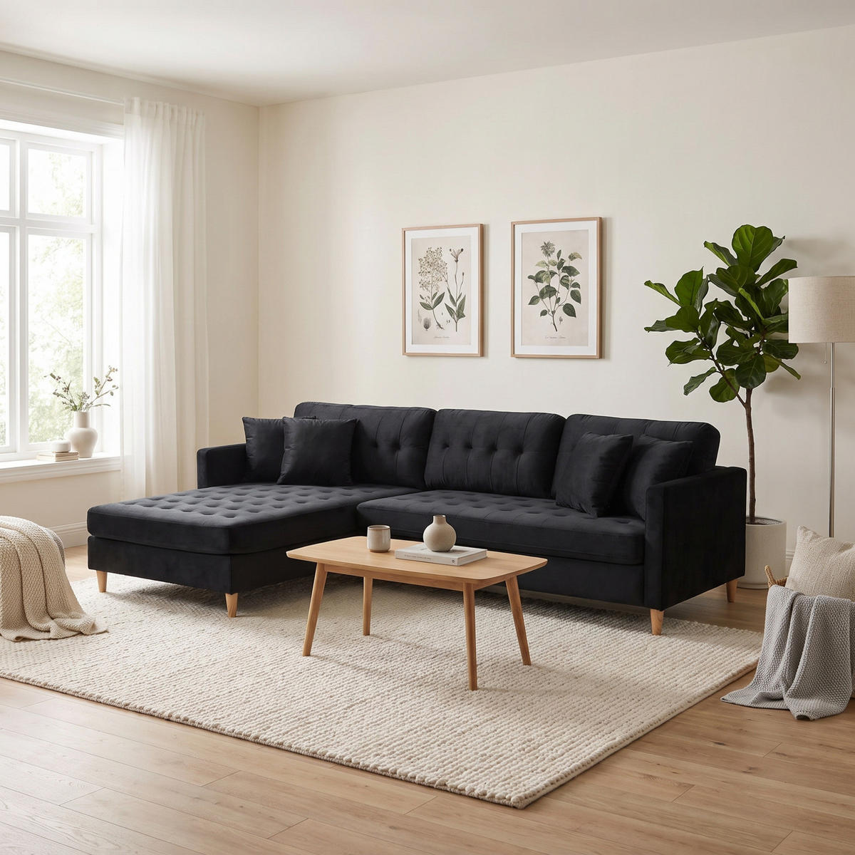 ECKSOFA Velours schwarz - Schwarz, Textil (290/177cm) - ebuy24
