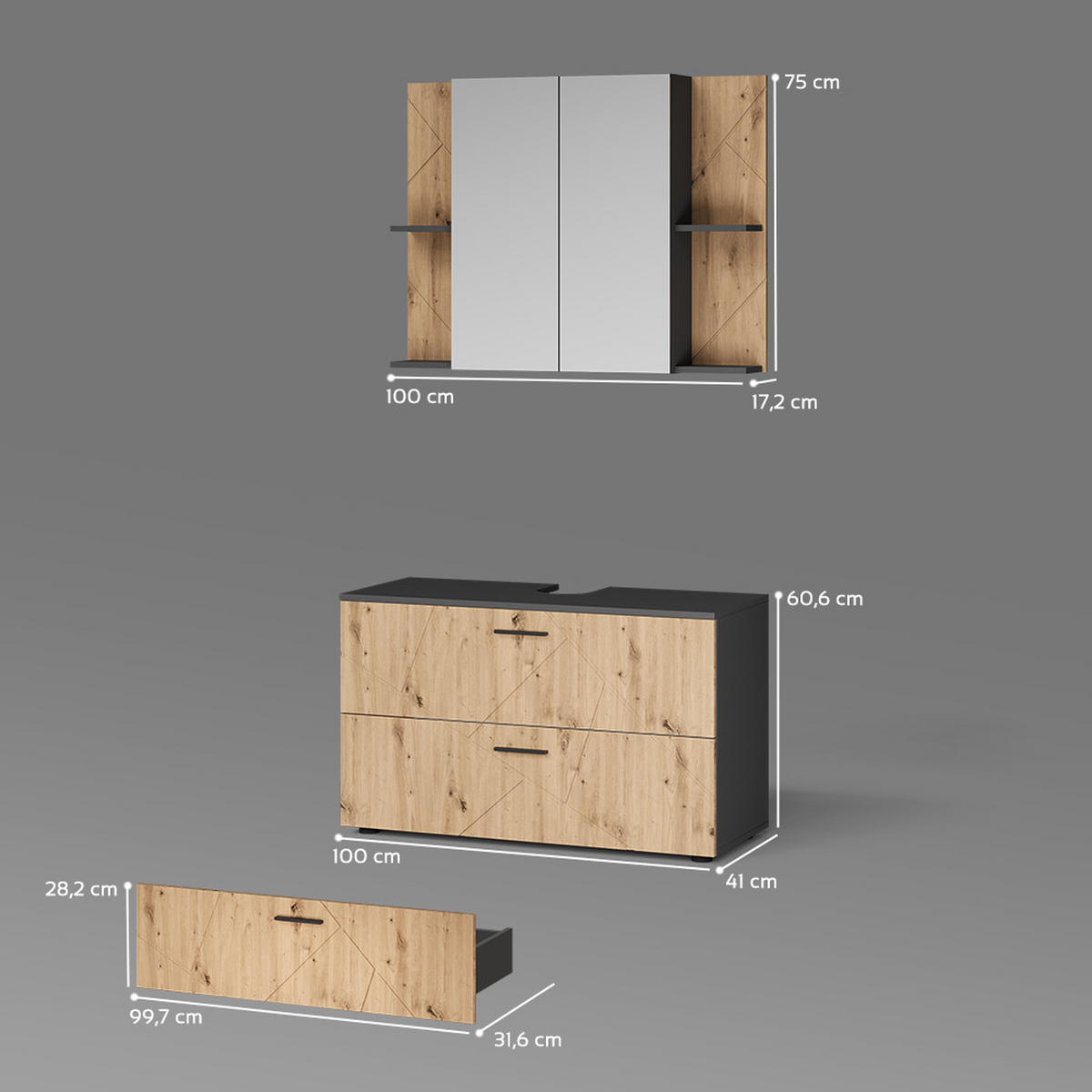 BADMÖBEL-SET Ronco, Anthrazit/Artisan-Eiche, 2-teilig - Anthrazit/Eiche Artisan, Holzwerkstoff (100.1/57/44.6cm) - Livinity®
