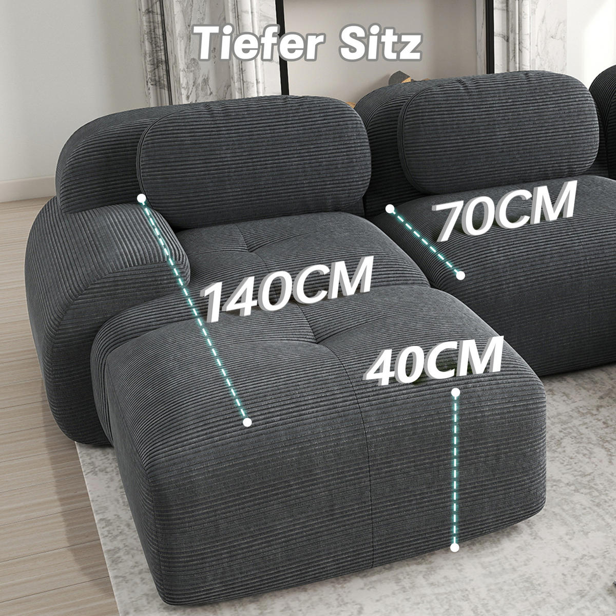 ECKSOFA 388/178/70 cm in Grau aus Cord mit Chaiselongue - Grau, Textil (178/388cm) - Flora Grace