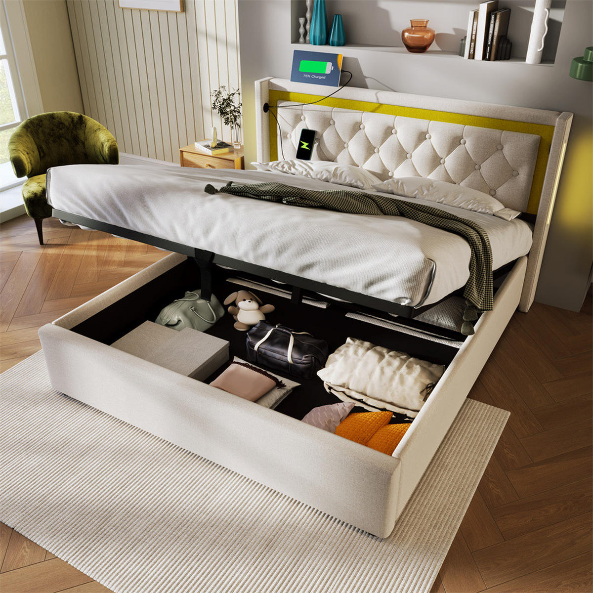 POLSTERBETT 140/200 cm in Beige mit Matratze - Beige, Holz/Textil (140/200cm) - KOMHTOM