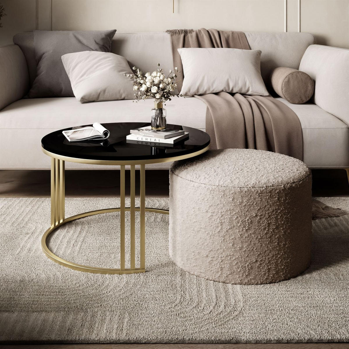 COUCHTISCH mit Hocker LORI Hochglanz gebürstetes Gold/Schwarz glänzend/Coral 50 - Schwarz, Metall (70/70/49cm) - Lookway