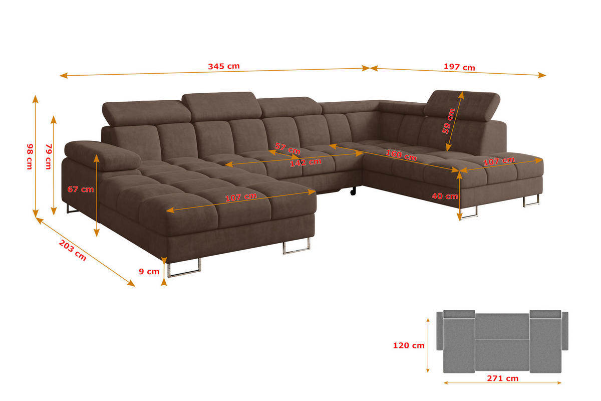 WOHNLANDSCHAFT mit Schlaffunktion und Bettkasten Ottomane RECHTS COMA U 345x203x79 Braun Velours - Braun, Holzwerkstoff/Textil (203/79/345cm) - ALTDECOR