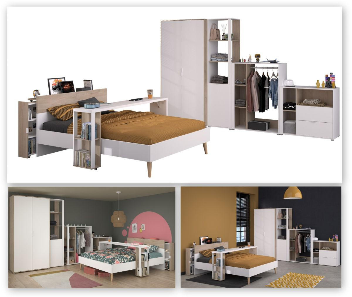 JUGENDZIMMER weiß, Eiche, Komplett-Set 7-teilig mit viel Stauraum - Eichefarben/Weiß, Holzwerkstoff/Kunststoff (145/205/206cm) - Parisot Meuble