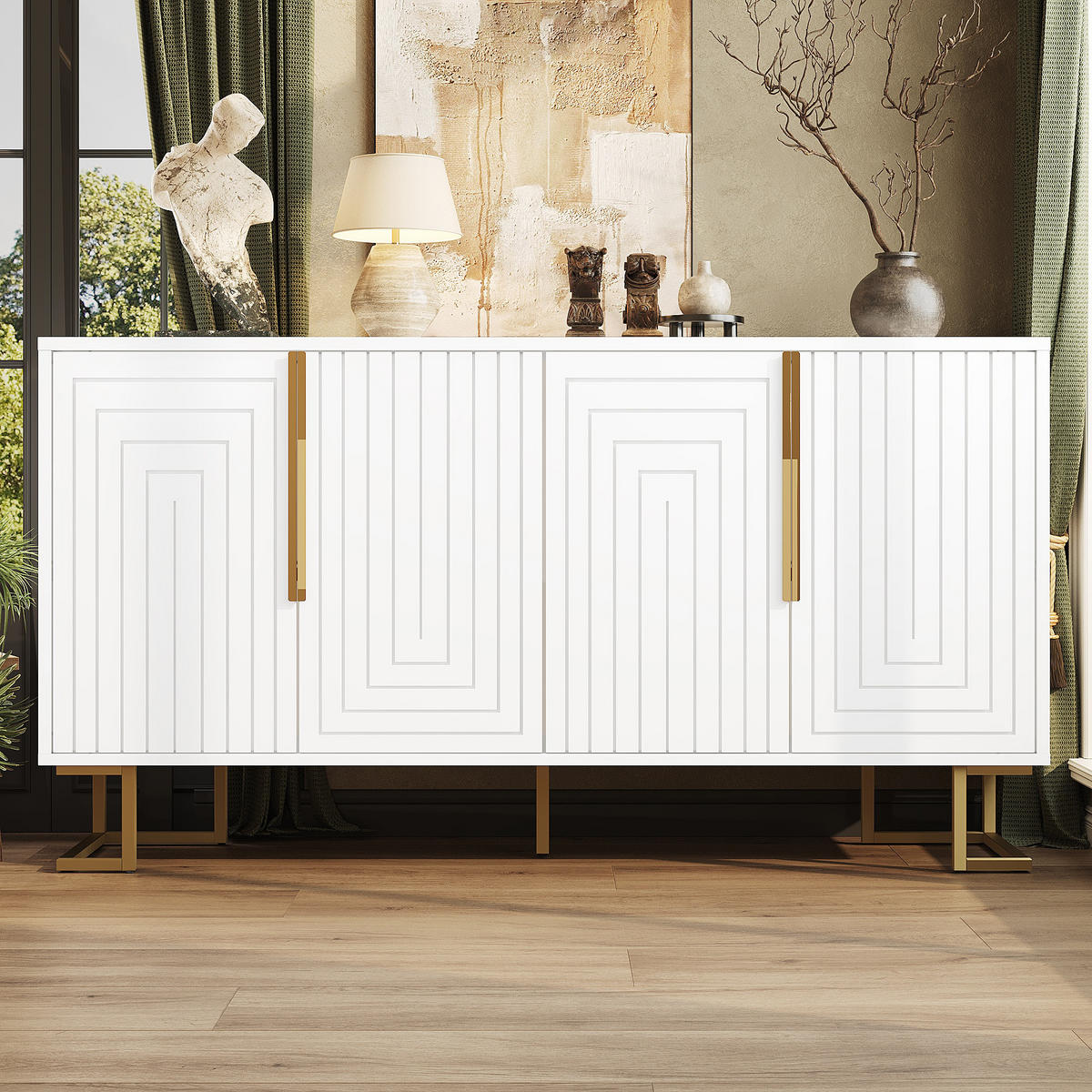 SIDEBOARD aus MDF 152x40x75 cm Weiß mit 2 Türen, 4 Fächern, goldfarbenen Griffen und Kippschutz - Weiß, Holzwerkstoff (152/75/40cm) - Modfu