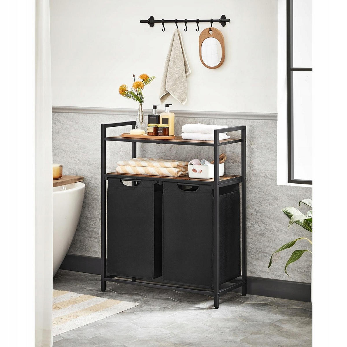 WÄSCHEKORB – 2 Fächer - Schwarz/Braun, Holz/Textil (73/91/33cm) - Matkam Möbel