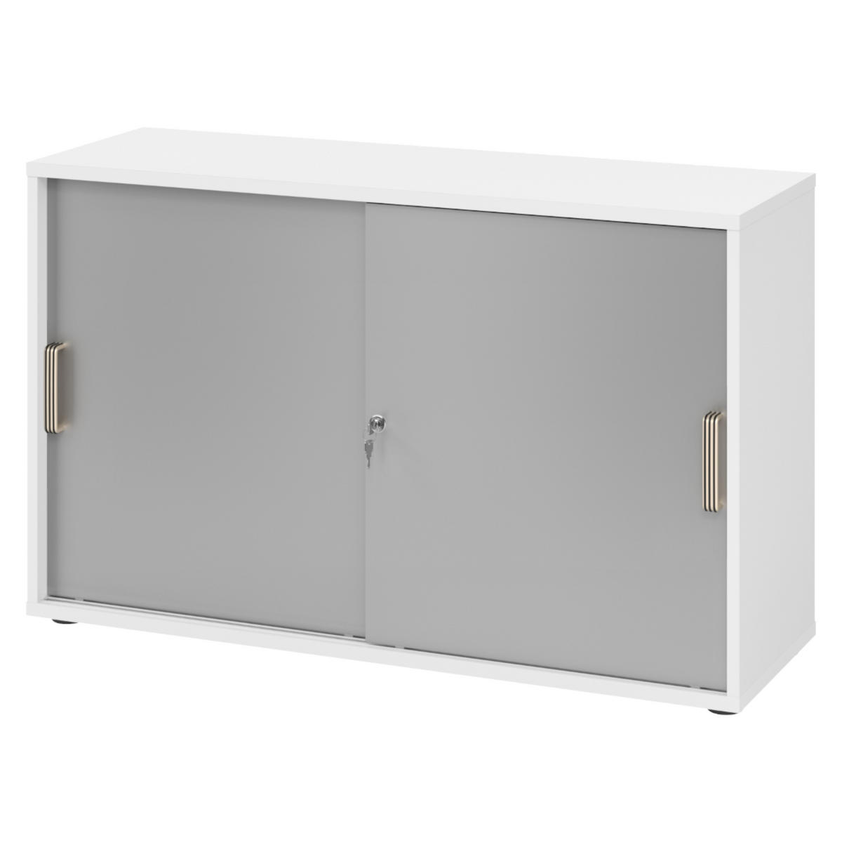 SCHIEBETÜRENSCHRANK - 2 Ordnerhöhen 40/120/74,8 cm in Weiß/Silberfarben Streifengriff (Kunststoff) - Silberfarben/Weiß, Holzwerkstoff (120/74.8/40cm) - bümö