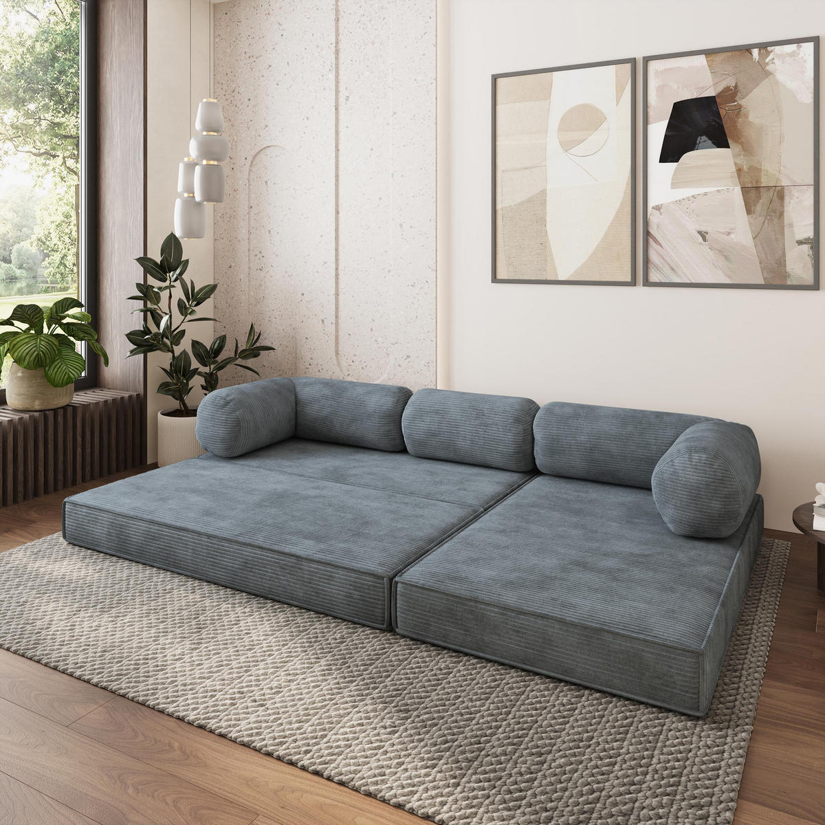 ROHOVÁ SEDAČKA ETERA modulární Boneless pohovka s funkcí spaní, šedá POSO 60 - šedá, textil (270/160cm) - MASSENO