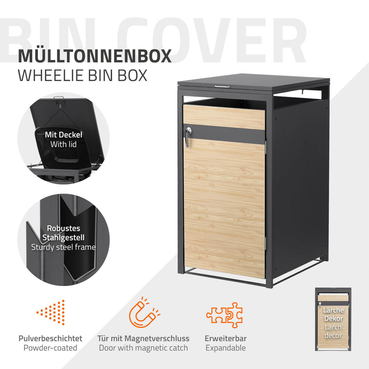 KONTEJNEROVÝ BOX na odpadky, 1 kus, antracit, vzhled dřeva - světle hnědá, kov (68/120/80cm) - ML-DESIGN
