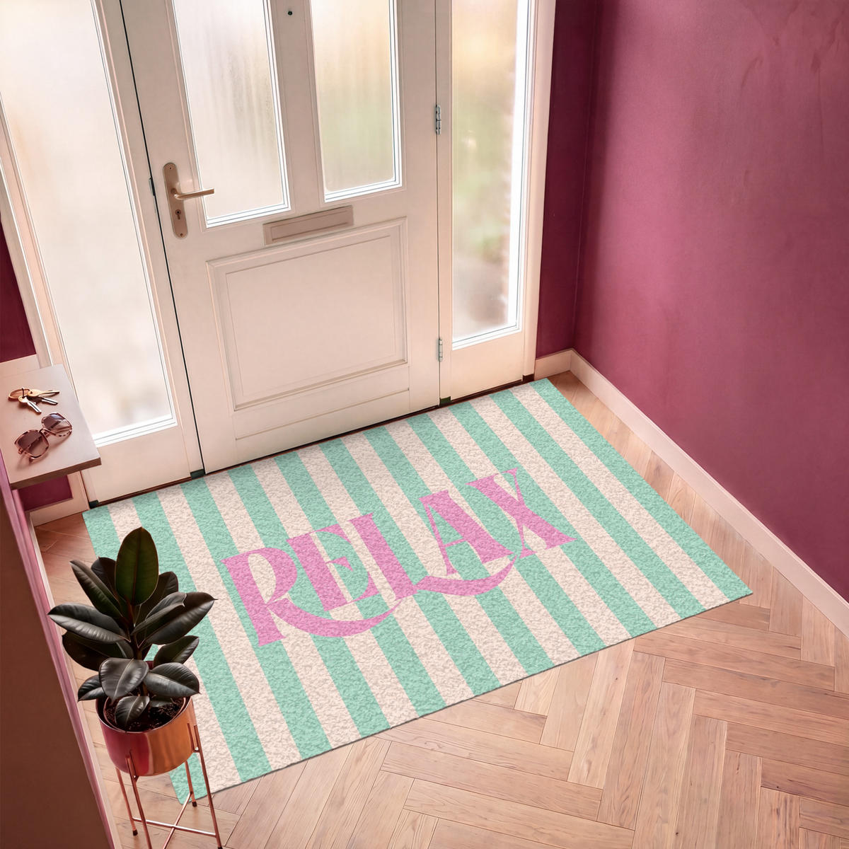 FUSSMATTE Rosa – Grün – Streifen – Entspannung 180x120 cm - Mintgrün, Kunststoff (180/0.4cm) - MuchoWow