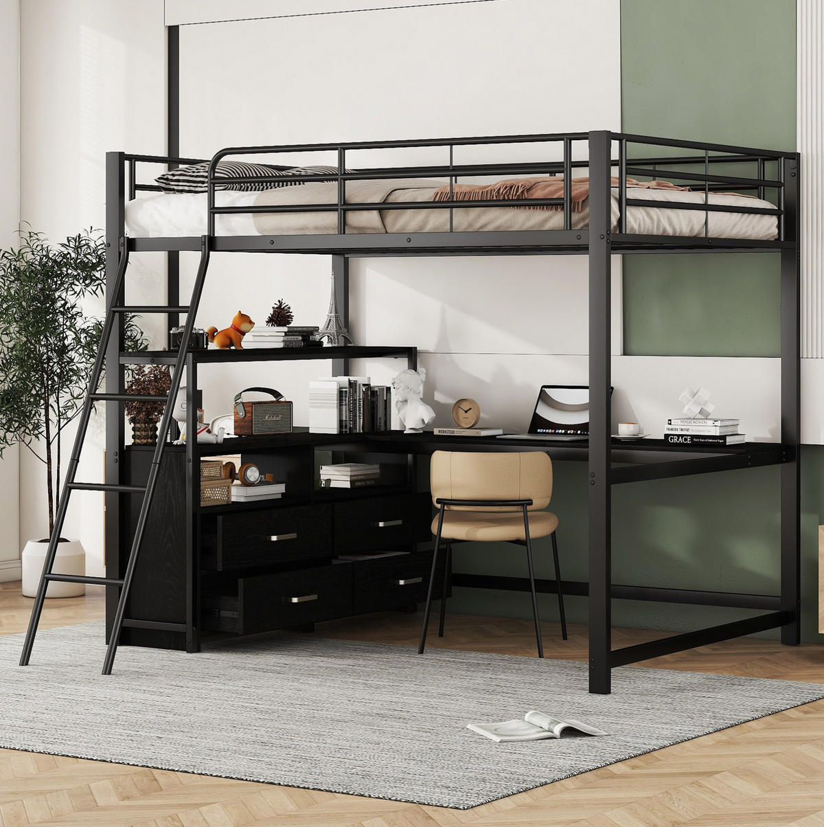 HOCHBETT 140/200 cm Schwarz aus Metall und MDF mit L-förmigem Schreibtisch - Schwarz, Metall (140/200cm) - OKMYHOME
