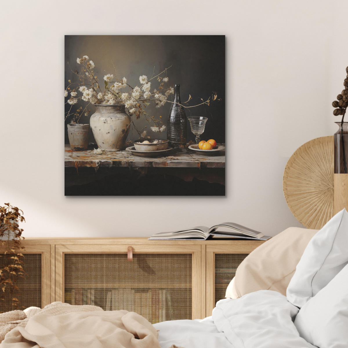 AKUSTICKÝ OBRAZ Zátišie - Kvety - Kytica - Váza - Víno 60x60 cm - čierna, plast (60/60/0.9cm) - MuchoWow