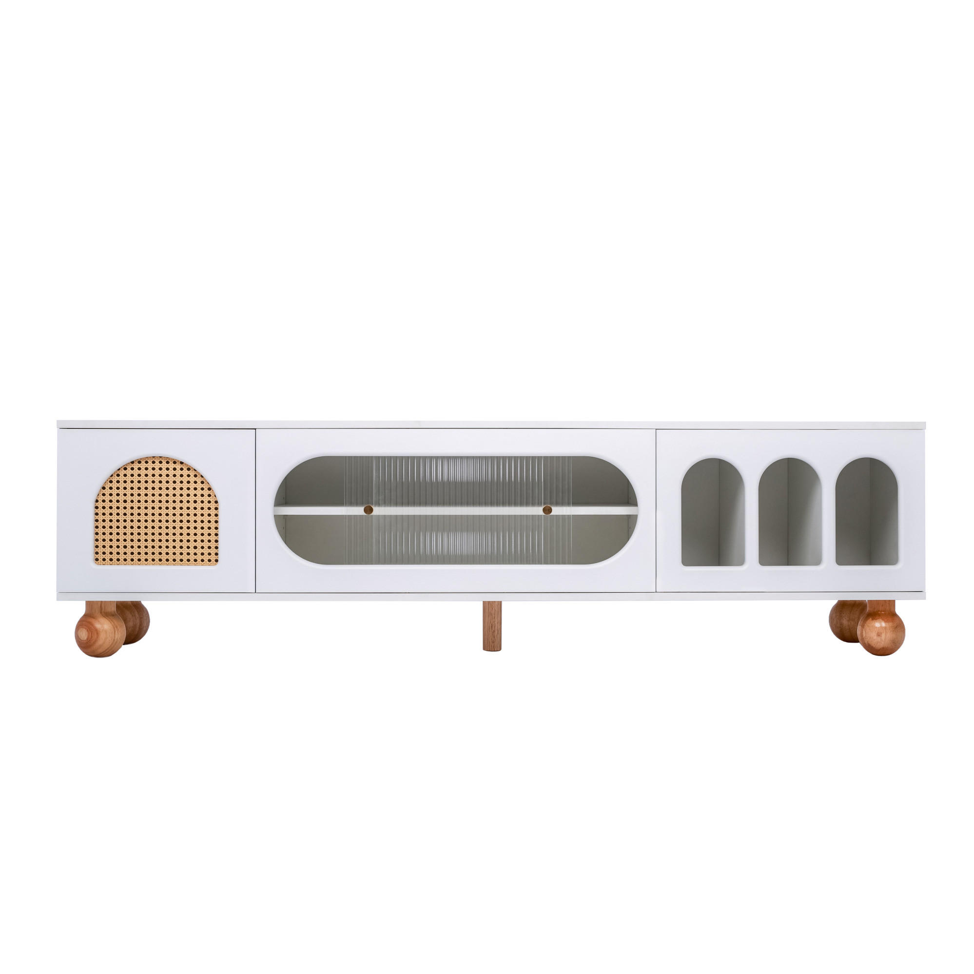 TV-SCHRANK 170/47/37 cm weiß mit Rattan-ähnlicher Tür und Glasschiebetüren - Weiß, Holzwerkstoff (170/37/47cm) - OKWISH