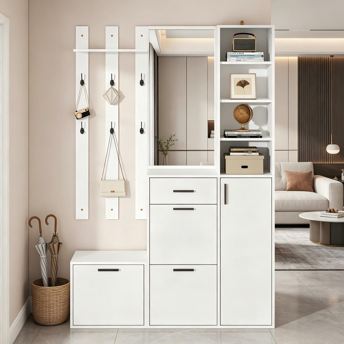 GARDEROBEN-SET in Weiß mit Spiegel und Kleiderhaken für Flur, B120/T30/H178 cm - Weiß, Holzwerkstoff (120/178/30cm) - STILVORA