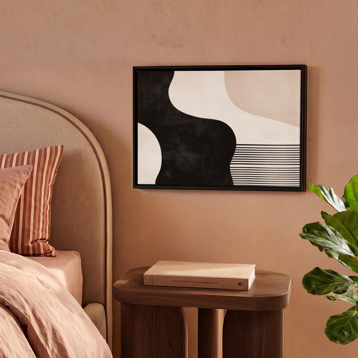 LEINWAND Bilder mit Rahmen - Abstrakt - Japandi - Beige - Modern - 40x30 - Schwarz, Textil (40/30cm) - MuchoWow