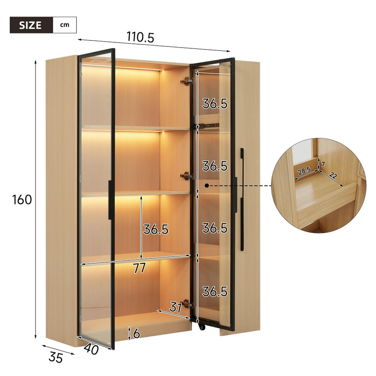 KÜCHENSCHRANK MIT LED-BELEUCHTUNG, Glastür und Seitenauszug, MDF, 110,5/160/35 cm - Eichefarben, Kunststoff (35/160/110cm) - Rolipo