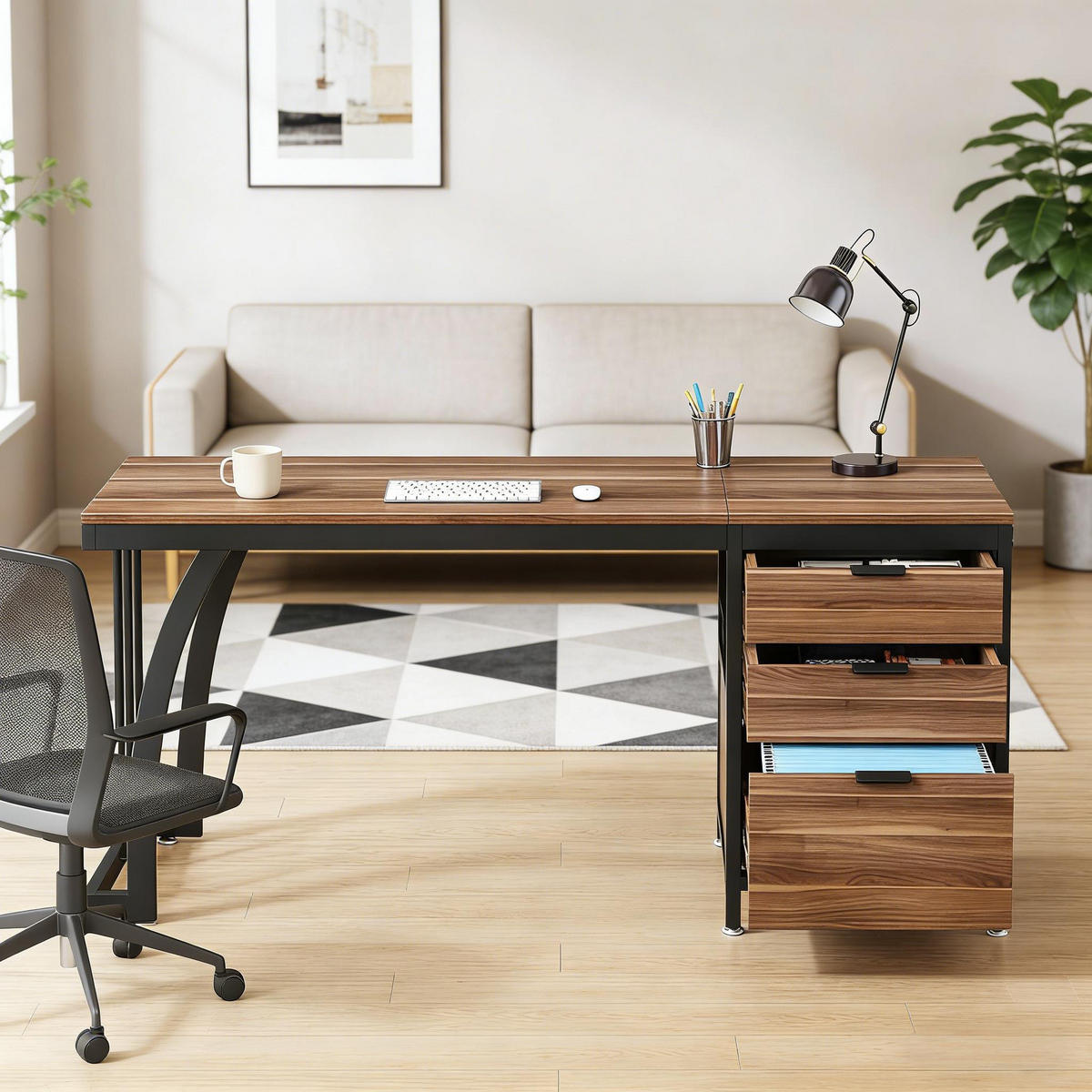 SCHREIBTISCH Walnussfarben/Schwarz 150/50/75 cm mit 3 Schubladen - Walnussfarben, Metall (50/150/75cm) - PANGIVO