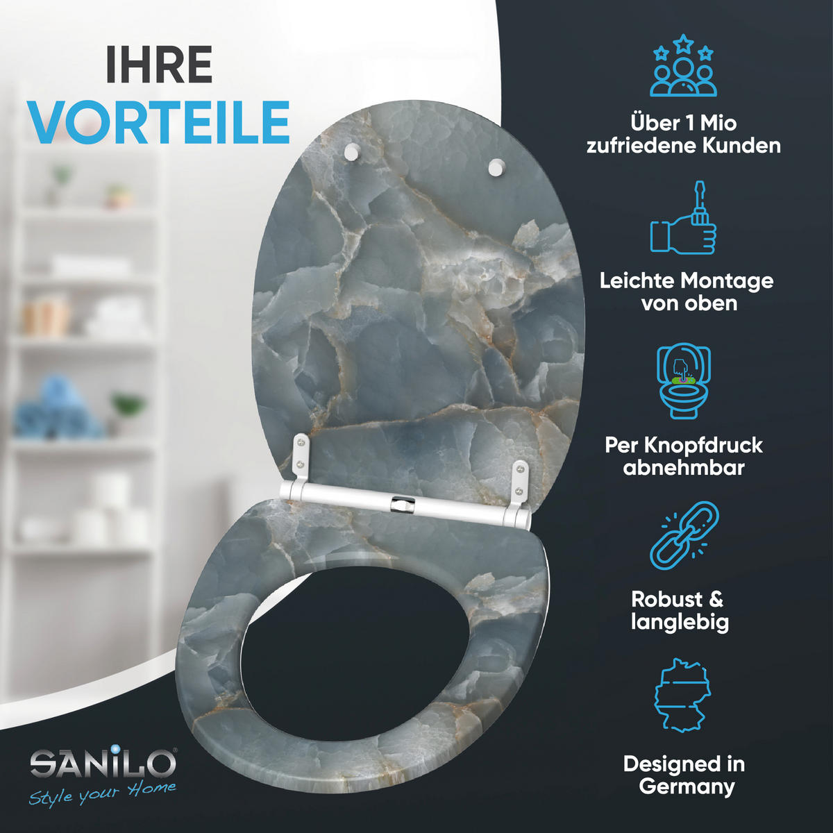 WC-SITZ mit Absenkautomatik & Top Fix Marmor Italia - Grau, Holzwerkstoff (37.7/5.5/48cm) - Sanilo