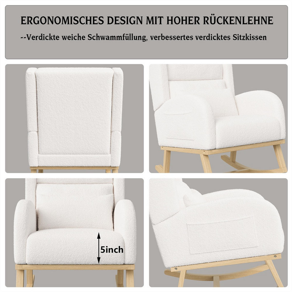 SCHAUKELSTUHL mit Armlehnen - Relaxsessel mit Lendenkissen und praktischer Seitentasche - Weiß - Weiß, Textil (65/89/50cm) - DELFA