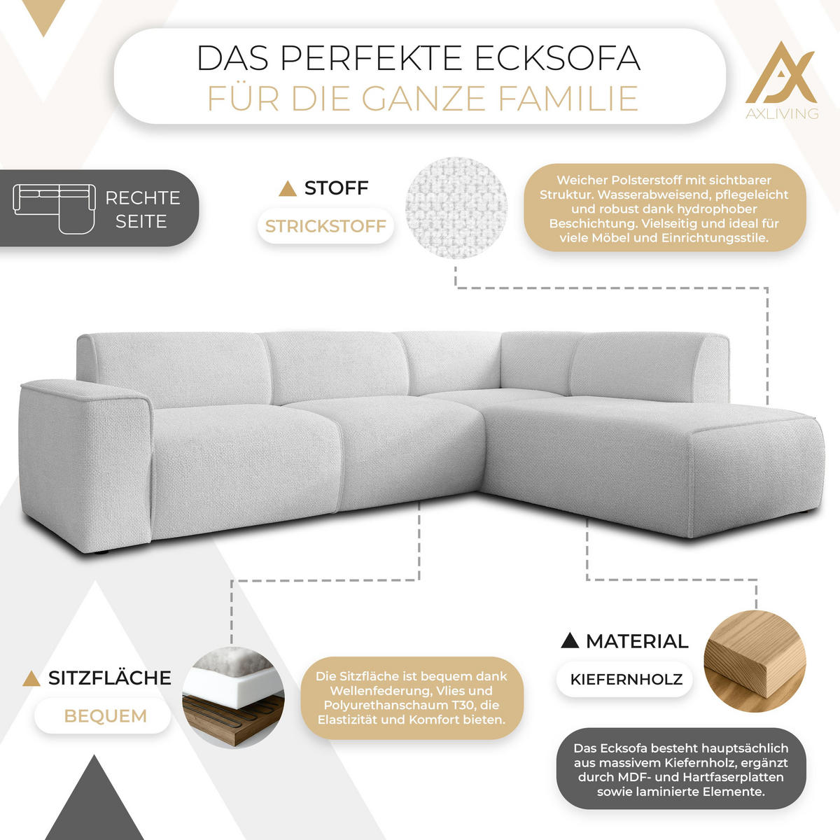 ECKSOFA L Form Didim Ivory 292/220/78 cm – großes Sofa stilvoll & bequem R - Greige/Champagner, Kunststoff/Textil (292/220cm) - AX Living
