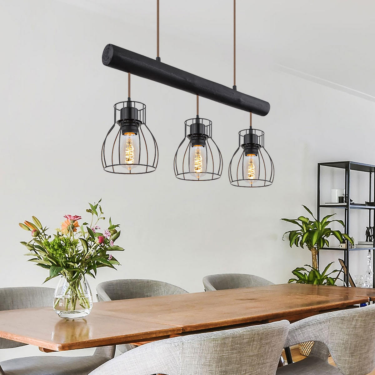 PENDELLAMPE Holz Schwarz Metallgitter - Schwarz, Holz (60/13.6/140cm) - Globo Lighting