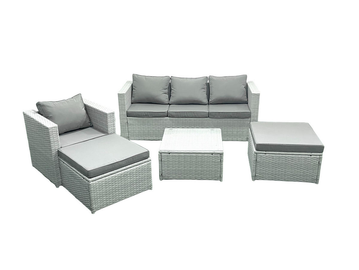 GARTENMÖBELSET mit 3-SITZER SOFA,COUCHTISCH Polyrattan Hellgrau-Mix 6-Sitzer - Hellgrau/Grau, Glas/Kunststoff - Fimous