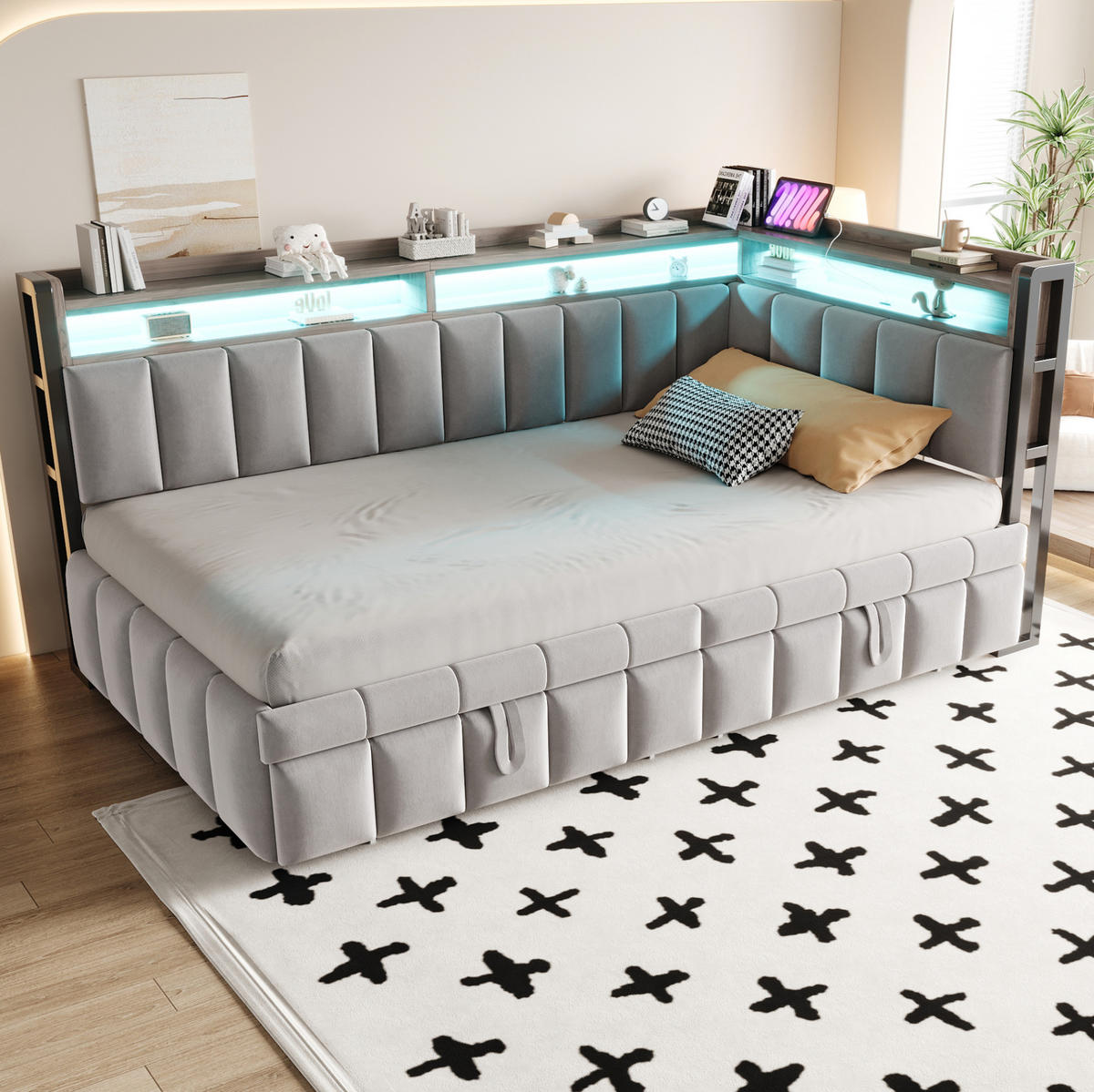 POLSTERBETT Schlafsofa aus Samt 90x200 cm Hellgrau mit Ausziehbett, LED-Beleuchtung, USB- und Typ-C-Anschluss - Hellgrau, Textil (90/200cm) - Modfu