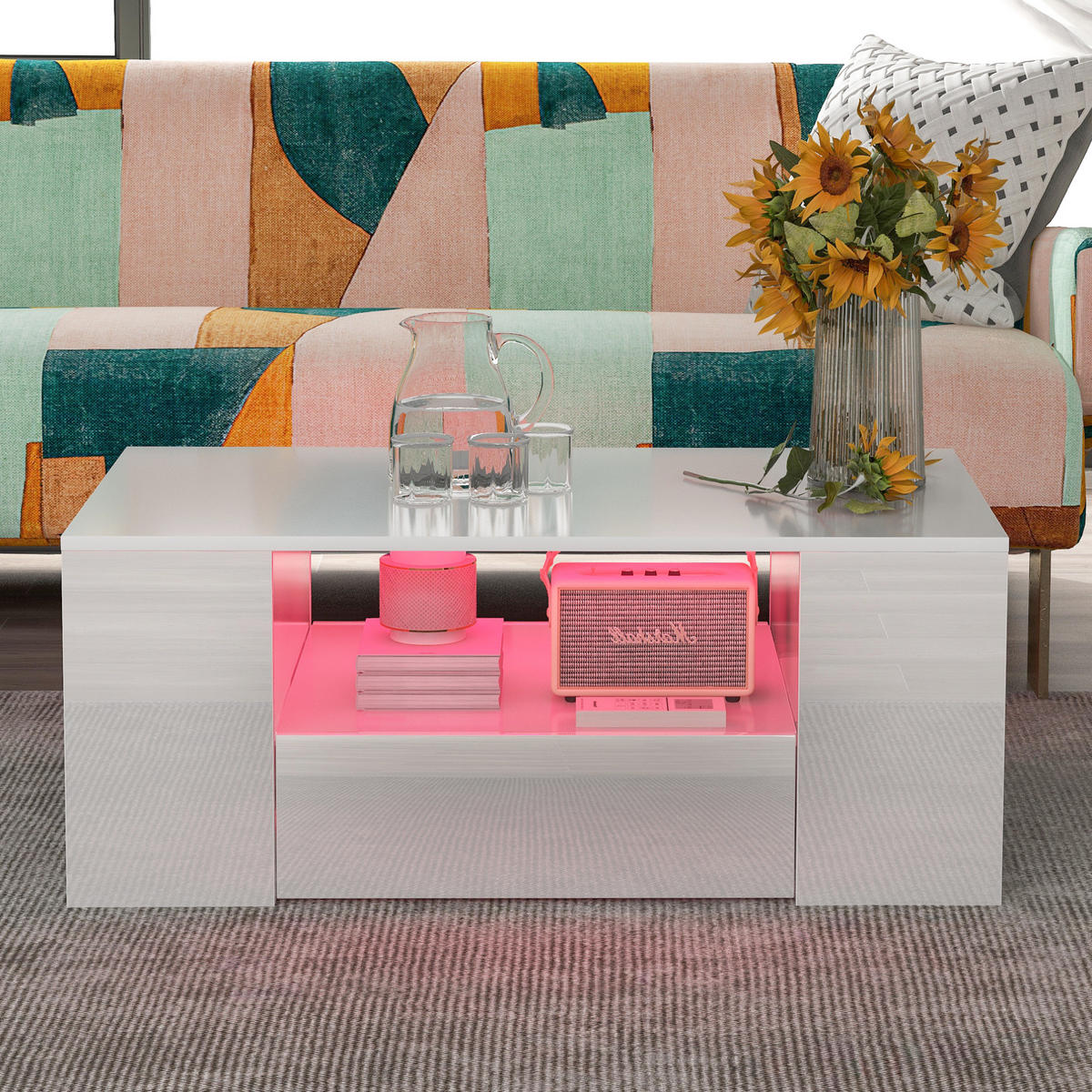 COUCHTISCH 95/53/37 cm mit 2 Schubladen, 2 Fächern und LED-Beleuchtung in Hochglanz, Weiß - Weiß, Holzwerkstoff (95/53/37cm) - Redom
