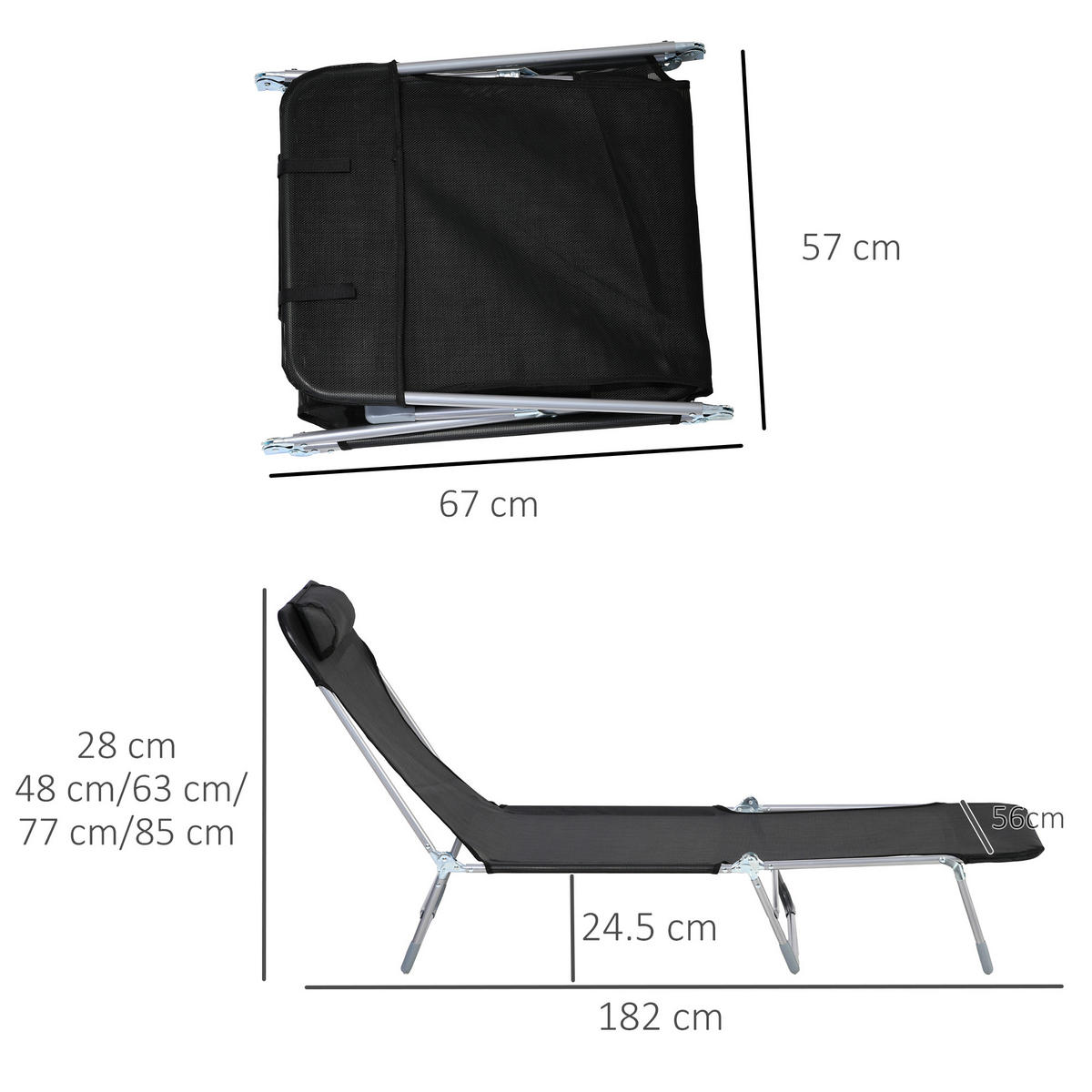 SONNENLIEGE Klappbare Gartenliege mit verstellbarer Rückenlehne und Kissen 182 x 56 x 28 cm ,Schwarz - Schwarz, Metall (56/28/182cm) - Vallsero