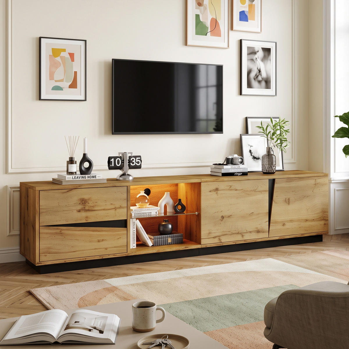 TV-LOWBOARD 170cm MDF Weiß Riffel-Optik 5 Türen Eisenfüße & Griffe - Naturfarben, Holzwerkstoff (180/45/35cm) - Urban Meuble