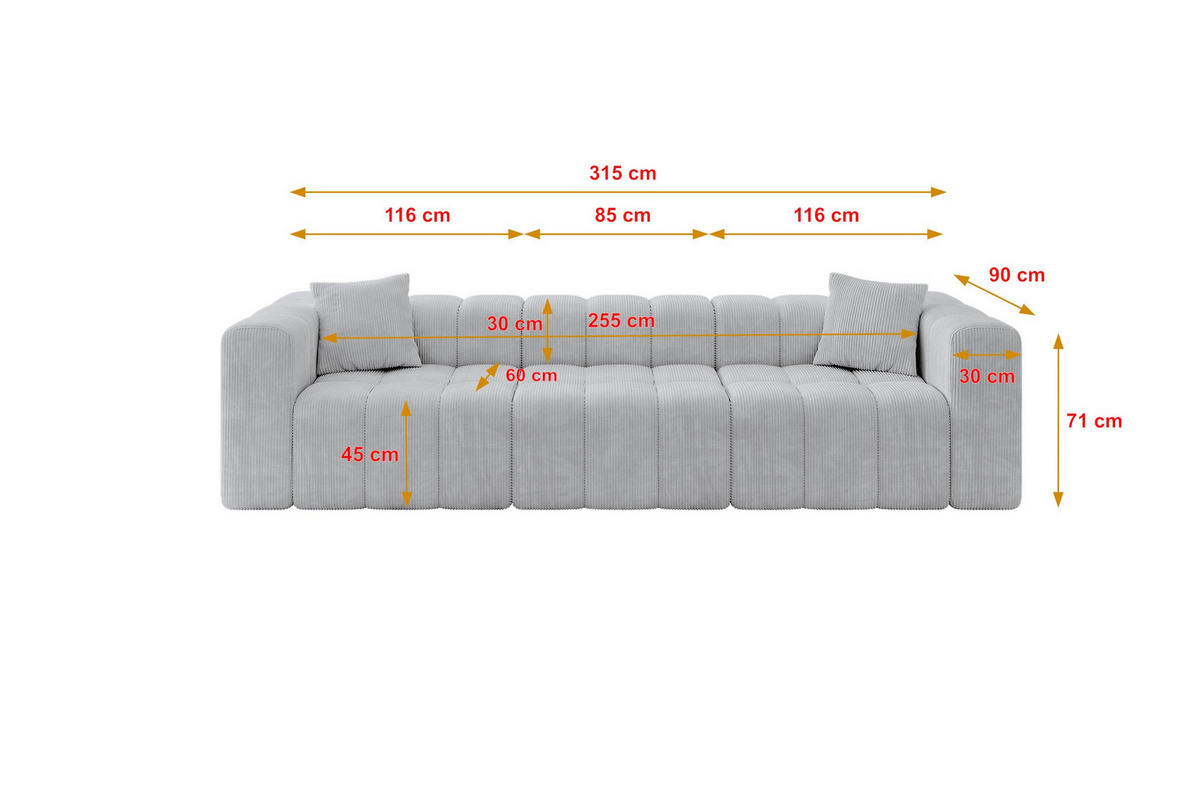 POHOVKA 3-MÍSTNÁ DONY-3 315x90x71 cm Šedá Manšestr - šedá/barva hliníku, kompozitní dřevo/textil (315/71/90cm) - ALTDECOR